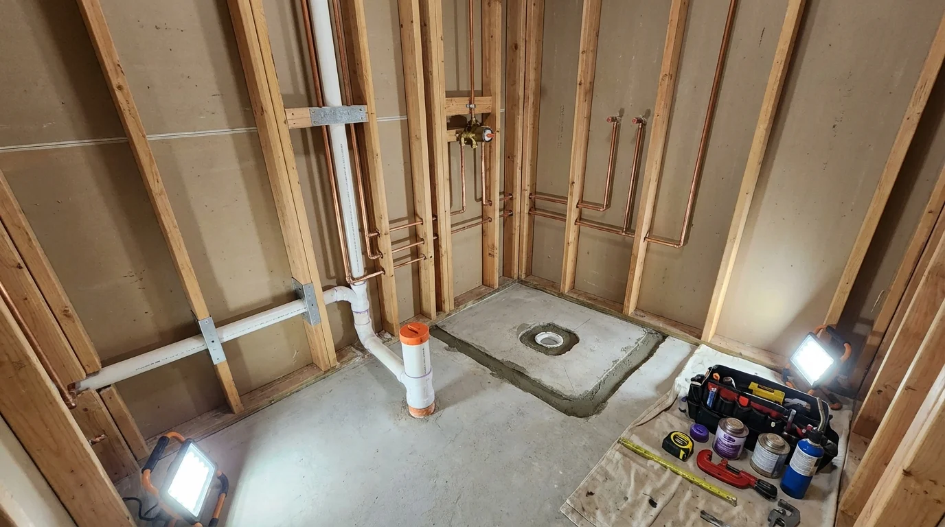 Bathroom rough-in plumbing during remodel by Johns Plumbing LLC in Rockland