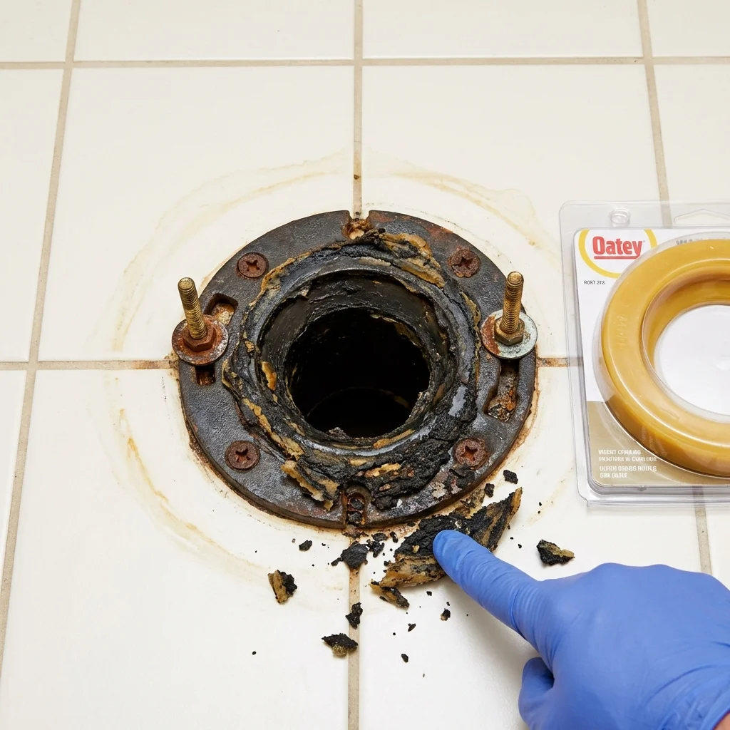 Failed wax ring showing water seepage at the base of a toilet in a Rockland, MA home