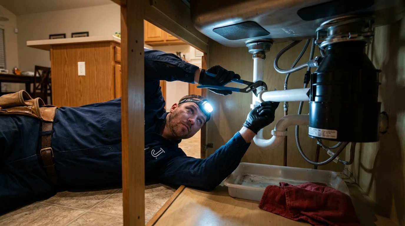P-trap and supply line connections under a kitchen sink showing a common leak point in Rockland, MA